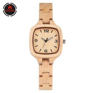 Pure Maple Wood Women's Watch Fashion Square Dial Elegant Wooden Bangle For Lady Hidden Clasp Reloj Femenino Wristwatches 298T
