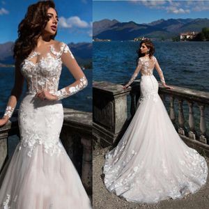 Charmiga långa ärmar sjöjungfru bröllopsklänningar 2024 spetsapplikation skopa hals brud klänningar svep tåg vestidos de novia anpassad