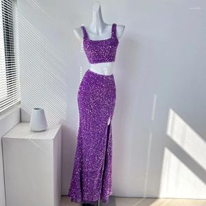Work Dresses Sexy Luxury Sequins Short Vest Top Split Half Skirt Set Of Two Pieces 2024