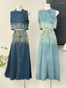 Vestidos de trabalho mulheres retro jeans 2pcs terno de colheita sem alças cubas de colheita de jeans de cintura alta conjuntos de roupas 2024 verão