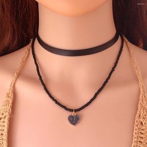 Kedjor 2st Black Rope Neck Boho Dainty Little Beads Heart Pedant Circle Chokers Halsband för kvinnor Mamma Bohemian klassiska smycken