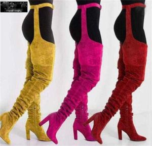 여자 039S 무릎과 허리 섹시 부츠 2021 외국 무역 새로운 순수한 컬러 스웨이드 패션 개인화 된 뾰족한 두꺼운 발 뒤꿈치 패션 부 boo7692075513