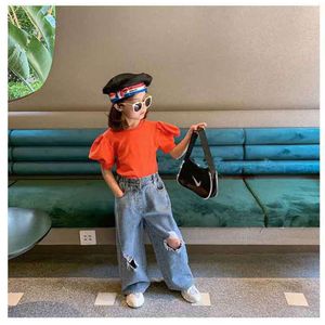 Autumn New Kids Girls Jeans Elastic High Waisted Wide Leg Broken Washed Denim Pants Children Ripped Trousers for 2-8Y