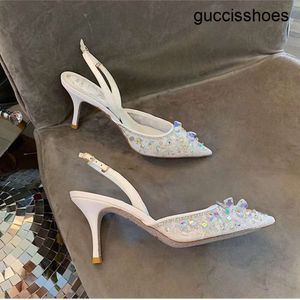 Rene Caovilla Slingbacks Dress Shoes High High Crystal Mesh Lace Sandals Designer Fashion Women Pointed Tee Wedding Shoes