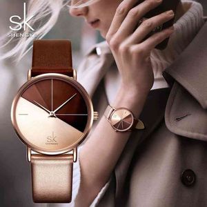 SK luksusowe zegarki skórzane kobiety kreatywne mody kwarcowe zegarki dla reloj Mujer na nadgarstek zegarek Shengke Relogio feminino 210325 343H