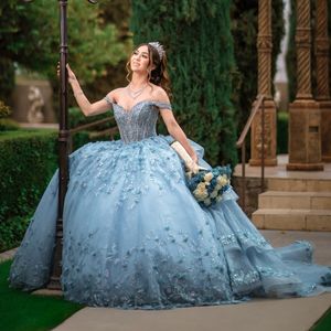 Niebo błękitne błyszczące księżniczka quinceanera sukienka balowa 3d kwiatowy kwiat koronkowy koralika Tull Sweet 16 vestidos de 15 anos