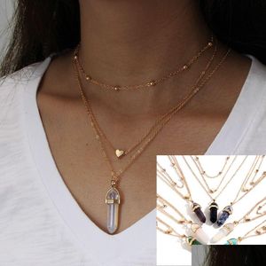 Pendant Necklaces New Boho Womens Layered Gold Love Heart Natural Stone Crystals Hexagonal Prism Quartz Point For Fashion Drop Deliver Dhpjh