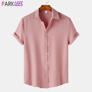 Herrklänningskjortor rosa hawaiiansk skjorta för män 2023 sommar ny kort ärmknapp ner skjorta strand semester casual ha skjorta kemis homme 3xl q240528
