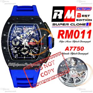 Felipe Massa 011 Automatische Flyback ETA A7750 Chronograph Mens Watch RMF NTPT Black Carbon Skeleton Dial Blue Gummi -Gurt Super Edition Rein Edition Reloj Hombre PTRM