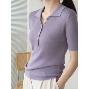 Women's Polos Summer Womens Polo Knitted T-shirt with Lapel Half Slave Slim Fit Solid Color Thin Knitted Top Office Womens Top 2022 Y240527