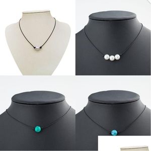 Pendant Necklaces Minimalist Pearls Choker Necklace Black Handmade Leather Rope Blue Turquoise For Women Imitation Natural Pearl Diy D Dhmy4