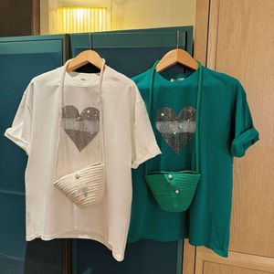 Womens T-Shirt Summer Miumiues Letter Printed New Fashion Hot Rolled Diamond Love Versatile Round Neck Short Sleeve T-shirt Trend Loose Top