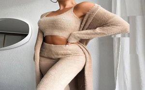 Herbst dreiteiliger Anzug sexy Frauen weiße Matching Set Crop Top und Long Pants Lounge Home tragen lose weibliche Streetwear Frauen0396424101