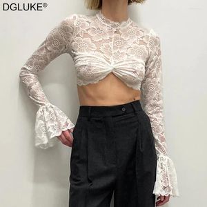 Frauenblusen weißer Spitze Crop Top Frauen Langarm geschnittene Bluse sexy transparente Tops Nachtclubparty Schwarz