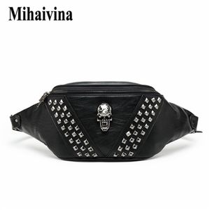 Mihaivina Punk Rivet Skull Men midja Bag Women Black Fanny Pack Leather Chest S Female Shoulder Messenger Bum S 220216 2993