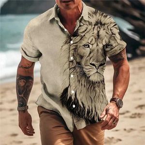 Koszulki męskie unisex 2024 Letnia hawajska koszula 3D Animal Print koszula męskie i damskie wzór lwa z krótkim rękawem luźne, duże oddychane top Q240528