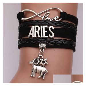 Charm armband 12 stjärntecken kärlek oändlighet för kvinnor män horoskop brev flätat läder rep wrap bangle mode diy smycken droppe dha4c