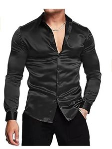 Mens Luxury Shiny Silk Satin Dress Long sleeved Casual Slim Fit Muscle Button Down Shirt Plus Size S-3XL 240528