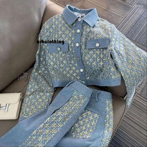 täcka två bitar byxor tvådelar dräktjacka imitation denim blå glitter retro kvinnor set höst vinter 2023 elegant kontor dam