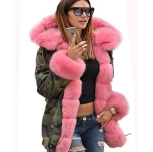 Roiii肥厚したフェイクファーカモフラージピンクパーカ女性フード付き長い冬のジャケットオーバーコートUSプラスサイズS M L XL XXL 3XL S18101201980069