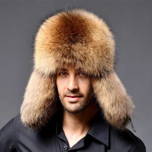 Hats Winter Men's Silver Fox Fur Aviator Bomber Hat Raccoon Fur Ushanka Cap Trapper Russian Man Ski Hats Caps Real Leather