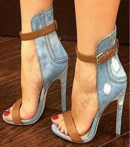2020 Nya mode denim Sandaler Kvinnor Peep Toes Ankel Strap Stiletto Heel Sandals Woman Sandalias Chic Trendy Party Shoes4088589