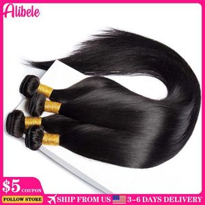 Hårflekar Alibele Straight Strand Human Hair 28 30 32 tum långt hårbunt Brasiliansk flätad bunt som handlas 1/3/4 stycken Naturlig svart Q240529