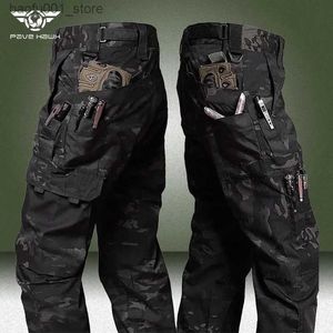 Calças masculinas calças de carga de camuflagem preta para o ar livre de vários bolsos ripstop calças à prova d'água masculino, trabalho de pesca resistente ao desgaste do outono trabalho de pesca pant q240529