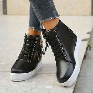 Sapatos casuais Spring e outono interior plataforma feminina tênis preto alto tênis de couro curto botas de tornozelo