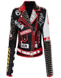 Mode Graffiti Nietperlen PU -Mäntel Frauen Ketten Sticthing Lederjacke Punk Rock Cropped7414885