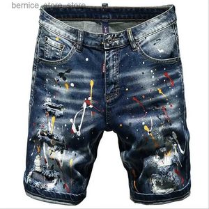 Men's Shorts Men Summer Blue Shorts Jeans Holes Denim Shorts Paint Casual Streetwear Jeasn Shorts High Quality Men Slim Fit Stretch Jeans 38 Q240529