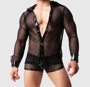Şeffaf Mesh Fanila Erkekler Bodysuit Singlets Seksi Gömlekleri Bakın Erotik Boksörler Eşcinsel Kostümler Gece Kulübü Performans Suit7940629