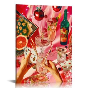 Vintage Pink Poker Posters Cute Funny Cocktail Casino Dice Chips Canvas Wall Art Cool Funky Alcohol Drinks Cherry Disco Ball Wall Decor for Dorm Bar Party Apartment