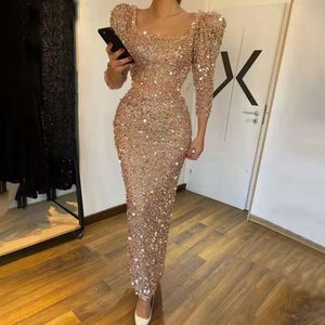 Elegant Simple Champagne Sequined Mermaid Evening Dress With Beaded Square Collar Belt Women's Prom Gowns Three Quarter Sleeve 0529