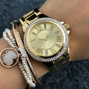 Modemärke Vackra kvinnors flicka Crystal Roman Letters Style Dial Metal Steel Band Quartz Wrist Watch M6758 288A