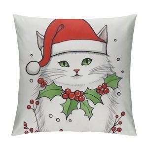 クリスマス猫の枕、ハッピーキャットイヤースローカバー、ホームベッドルームソファソファのための枕ケース、猫愛好家のための猫の贈り物