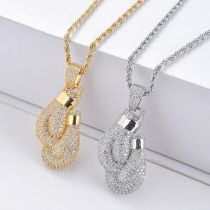 Bling Boxing Gloves Pendant Necklace & Pendant Charm Free Rope Chain Gold Color Iced Cubic Zircon Men's Hip hop Jewelry 271I