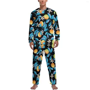 家庭用衣類レモンフルーツプリントパジャマデイリー2ピースブルーの葉エレガントなパジャマセット男性長袖睡眠グラフィックナイトウェア