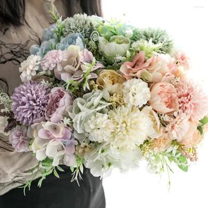 Decorative Flowers Hydrangea Artificial Wedding Bouquet Holding Silk Blooming Fake Rose For Home Party Table Centerpieces Decor