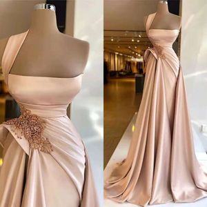Elegant One Shoulder Satin Mermaid Evening Dresses Beaded Ruched High Split Sweep Train Formal Party Prom Gowns 0529