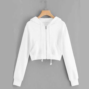 Kadın Hoodies Sweatshirts Beyaz Zip Kapşonlu Drawstring Uzun Kollu Kpop Hooded Sweatshirt Kadınlar İçin Kawaii Harajuku Kırpılmış Hoodie Sudaderas Para Mujer Z240529