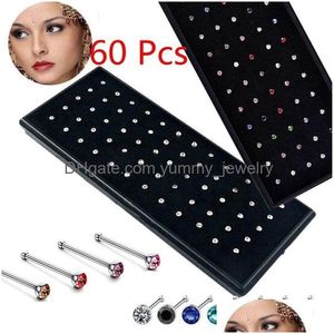 Nose Rings & Studs 1 Box Of 60/40 Pcs Crystal Rhinestone Bk Bone Straight Stud Bar Piercing Ring 2 Colors Selling Drop Delivery Jewel Dhdr6
