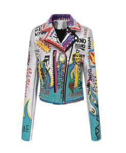 Women039s Leder Faux Fashion Graffiti Nietperlen PU -Mäntel Frauen Chains Sticthing Jacke Punk Rock Cropped4703723