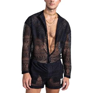 Sexy Spitze Hollow -out -Anzug Mode Langarm Shirt Casual Shorts Herren Kleidungsanzug Feste Farbpassende Sommeranzug für männlich 240523