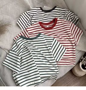 T-shirts Childrens Cotton Short-sleeved T-shirt Summer New Striped Loose Crewneck Tops Casual All-match Base Shirt For Boys And Girls d240529