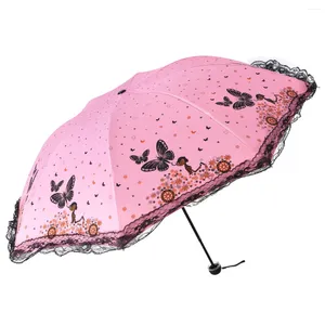 Umbrellas Butterfly Lace Printed Sunshade Umbrella For Both Sunny And Rainy Use Three Fold Wind Resistant Black Glue