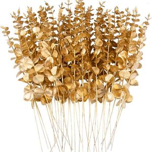 装飾的な花10pcs黄金のユーカリの茎結婚式のための人工葉の枝