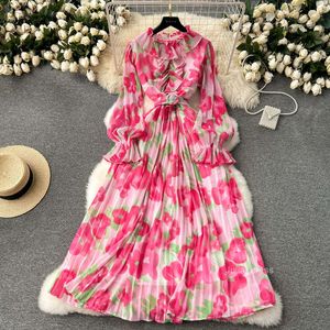 2024 Ny tidig vårklänning Kvinnor Sweet Auricularia Ruffle Collar Slim Fit Mid Length Printed Chiffon Pleated kjol