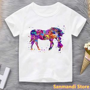 تي شيرتات مائية فتاة أحب حصان الحيوانات طباعة tshirts فتيات الأطفال ملابس لطيف تي شيرت صيف الأطفال ملابس harajuku قميص D240529