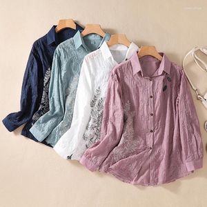 Blusas femininas camisa de linho de algodão verão 2024 bordado vintage solto floral manga comprida top ladies roupas ycmyunyan